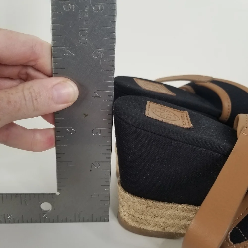 Tory Burch Majorca Peep Toe Sling Back Espadrille Wedges Size 9.5 Black/Tan